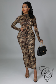 Stephanie Leopard Print Long Sleeve Midaxi Dress