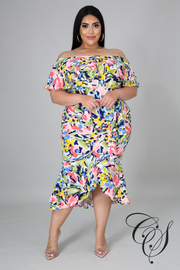Tria Floral Bardot Frill Hem Midi Dress