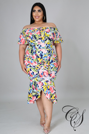 Tria Floral Bardot Frill Hem Midi Dress