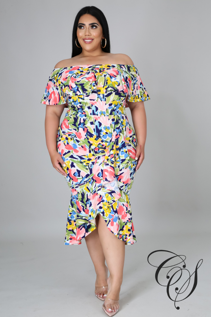 Tria Floral Bardot Frill Hem Midi Dress