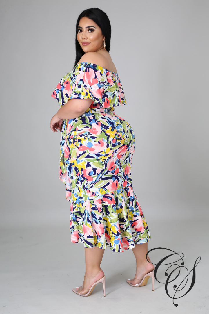 Tria Floral Bardot Frill Hem Midi Dress