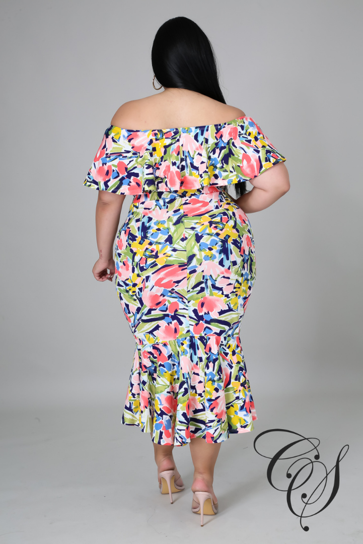 Tria Floral Bardot Frill Hem Midi Dress