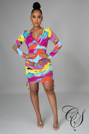 Tricia Multi Acid Wash V Neck Long Sleeve Dress