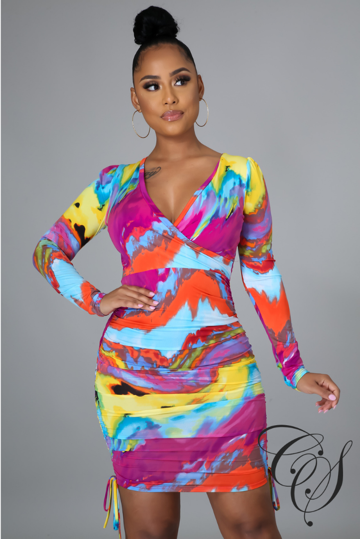 Tricia Multi Acid Wash V Neck Long Sleeve Dress