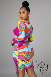 Tricia Multi Acid Wash V Neck Long Sleeve Dress