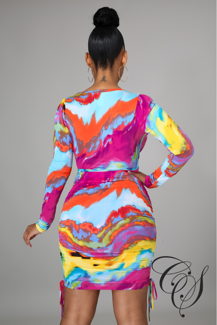 Tricia Multi Acid Wash V Neck Long Sleeve Dress