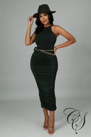 Zelena Racer Neck Ruched Midi Dress