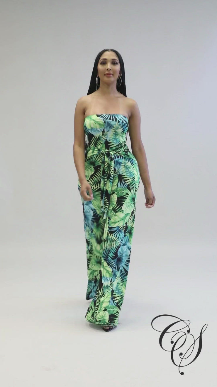 Mara Green Tropical Strapless Jumpsuit