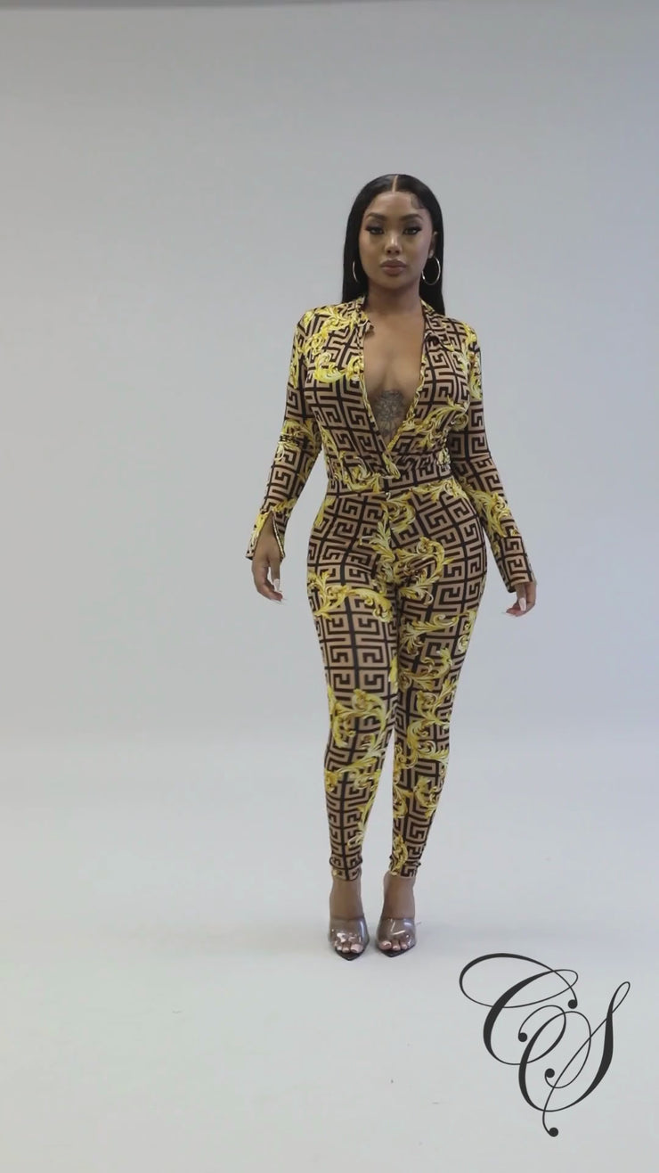 Challan Baroque Print Bodysuit Legging Set